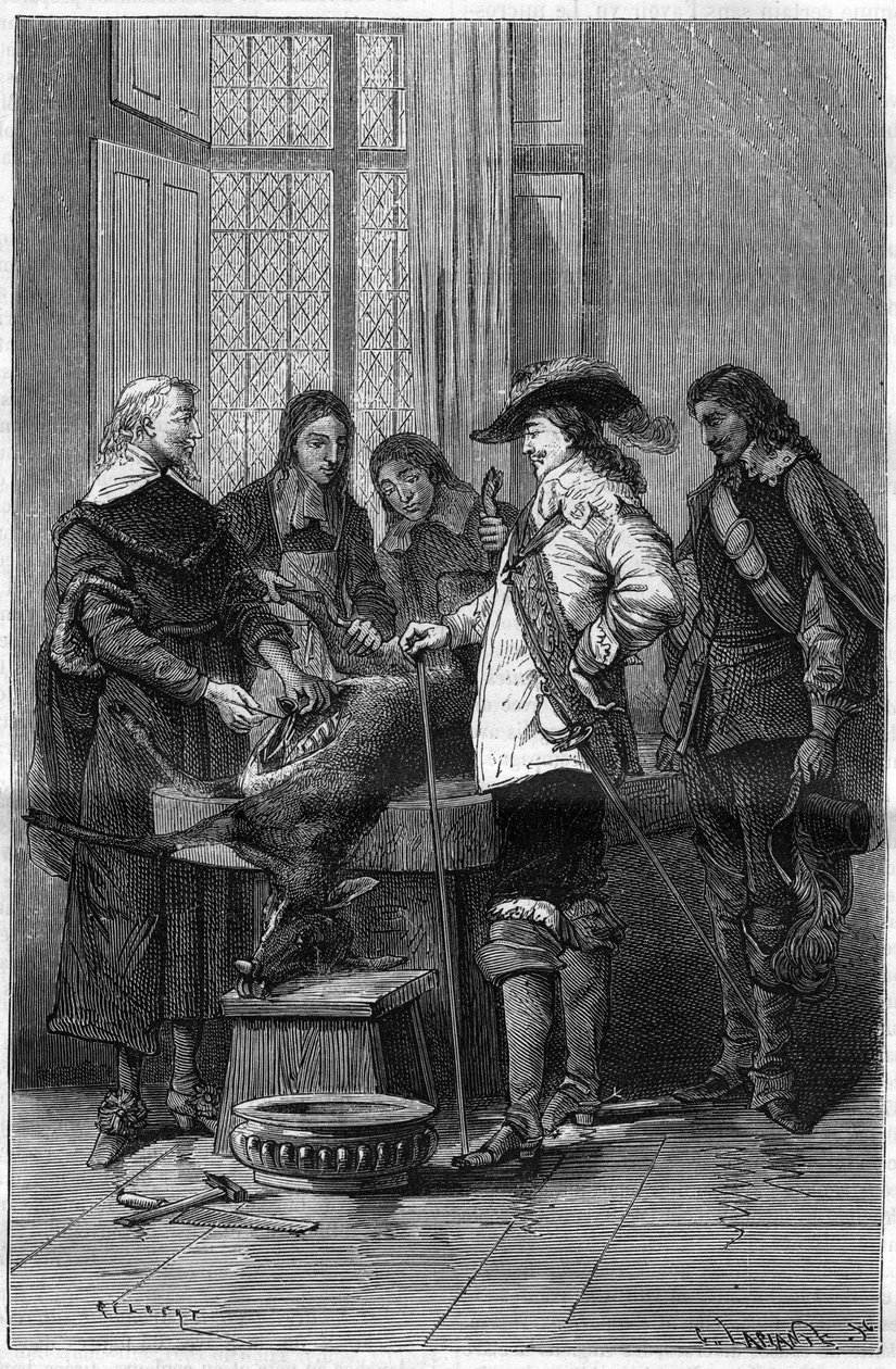 Experience of William Harvey (1578-1657), English doctor showing Charles I Stuart (1600-1649) king of England and doctors of the Royal College of London the phenomenon of blood circulation on a living doe. Engraving in La Nature by Unknown artist
