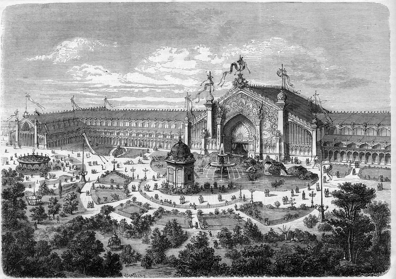 Exposition Universelle de Lyon: the galleries seen from the park. Engraving in 