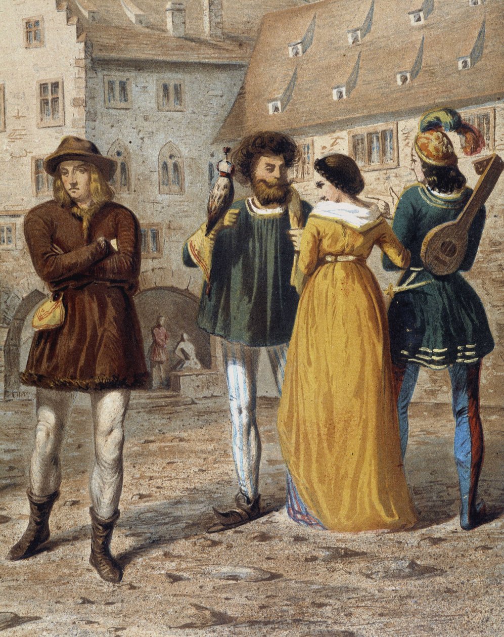 Falconer, lady and troubadour: street scene in Strasbourg in the Middle Ages by Unknown artist