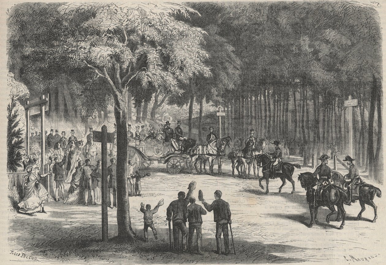 Family stay in Fontainebleau: excursion of their majesties to the ruins of Franchart. A wedding greets the passage of Emperor Napoleon III and his family. Engraving in 