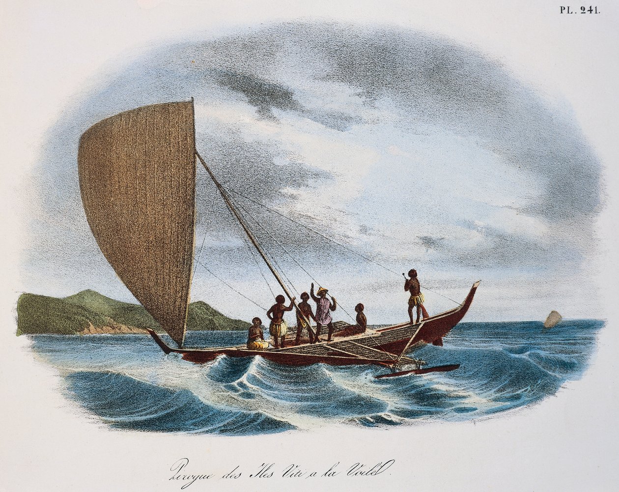 Fijian sailing canoe, colour engraving by Unknown artist