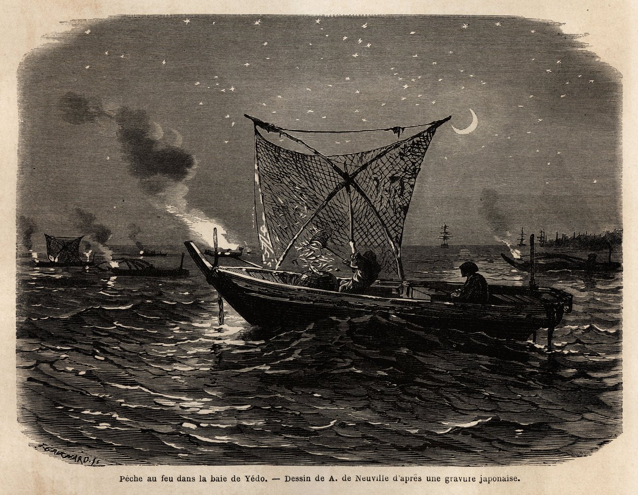 Fire Fishing in Yedo Bay (Present-day Tokyo), During the Night. Engraving to Illustrate Japan, Travel Story by Aime Humbert by Unknown artist