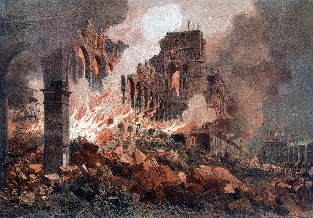 Fire of the Ministry of Finance (at the time at the Tuileries) on 24 May 1871 - lithography, late 19th century by Unknown artist
