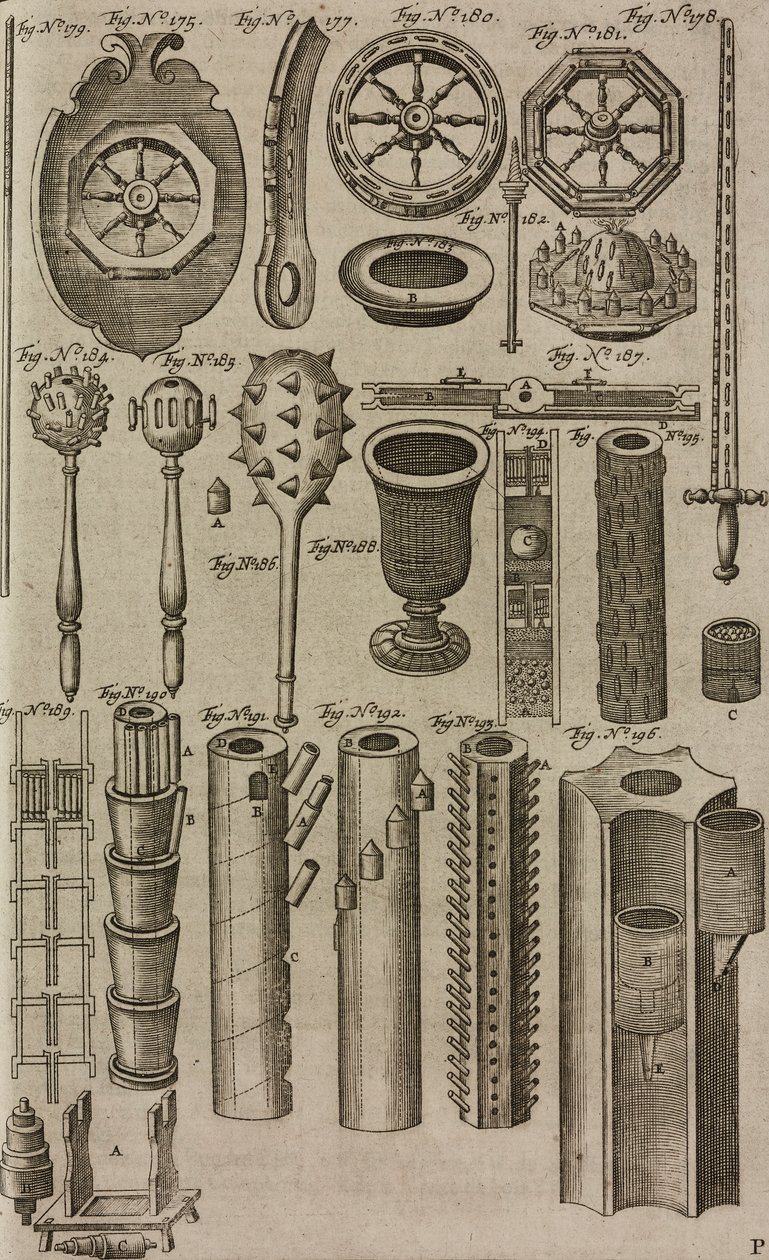 Fire Wheels and Fireworks Launch Tubes, Engraving from Grand Art of Artillery by Casimir Siemienowicz by Unknown artist