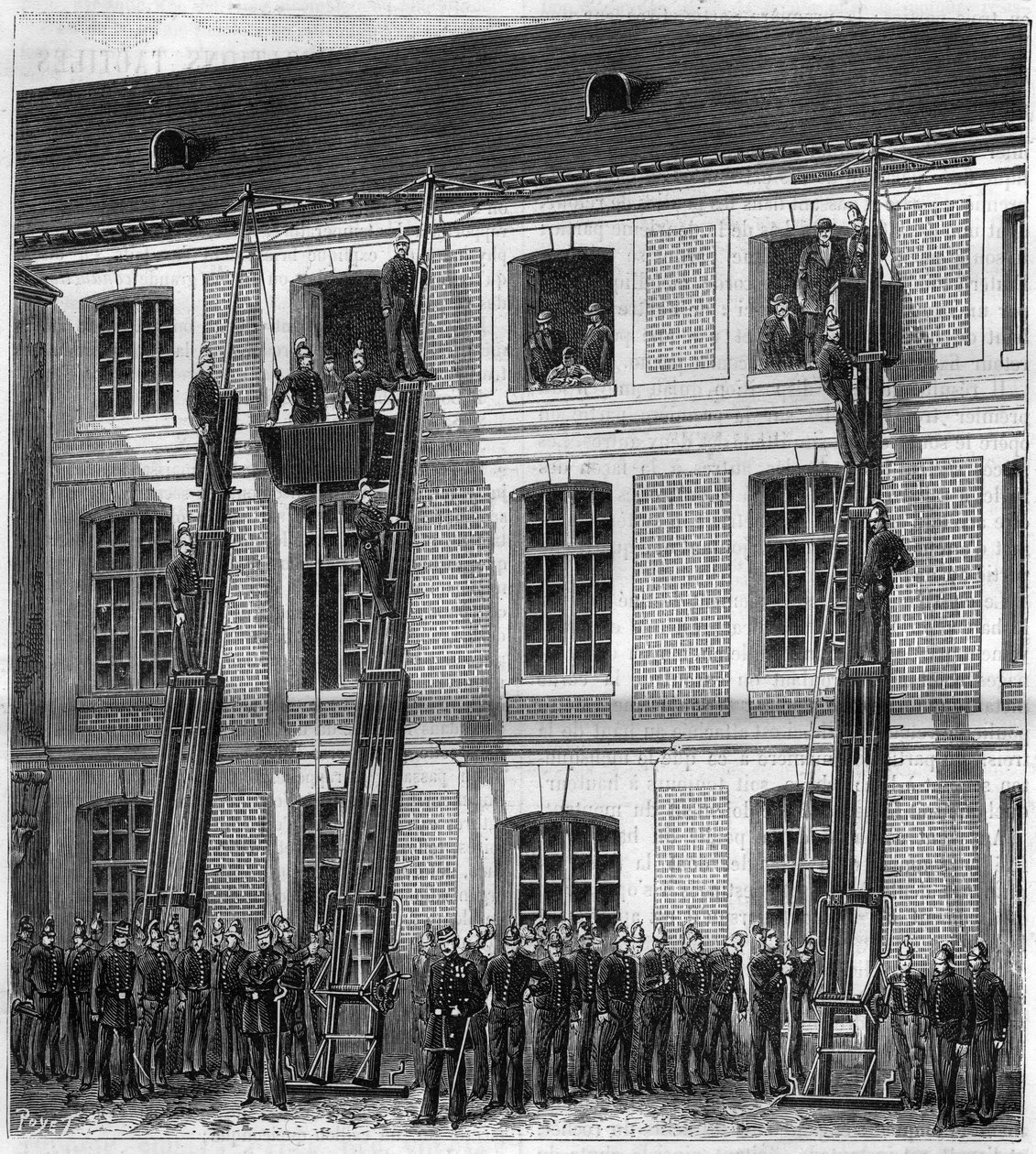 Firefighters aboard the new rescue lift for fire experiments in Rouen in the old Normal School. Engraving in 