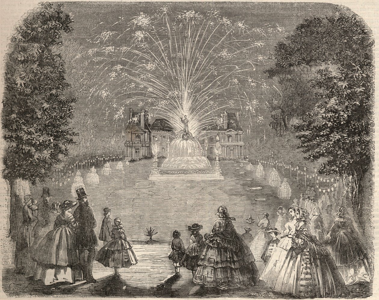 Fireworks and illumination of the castle of Maison Laffitte on the evening of the agricultural committee competition. Engraving in 