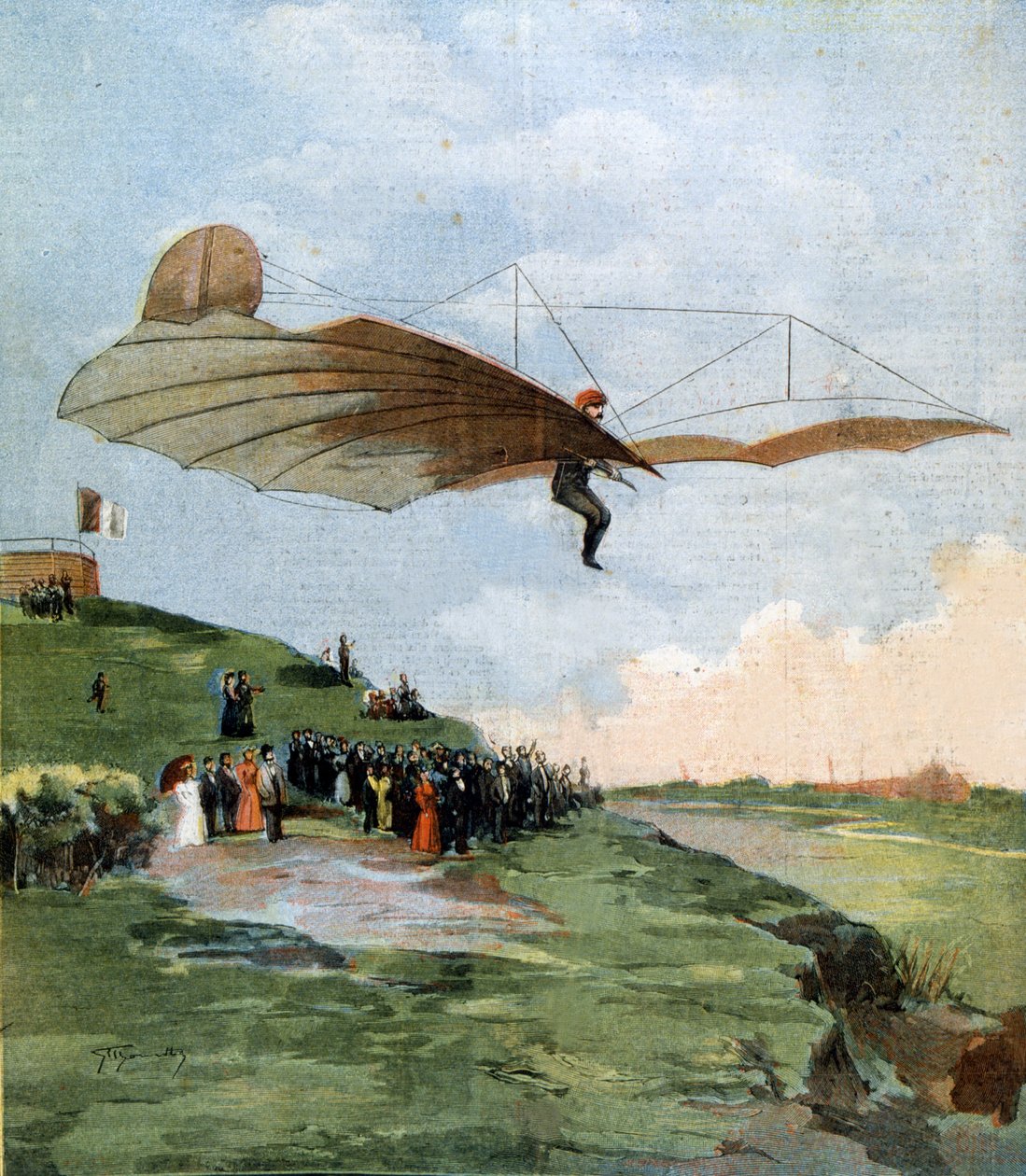 Flight of Otto Lilienthal (1848 - 1896), Pioneer of Gliding. 1894 by Unknown artist
