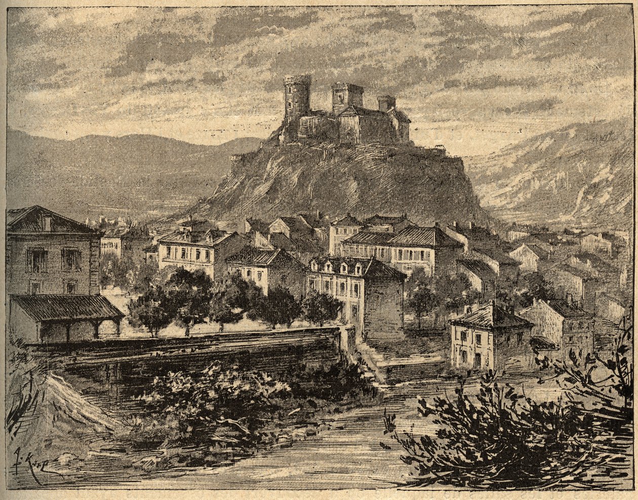 Foix - Ariege - Occitanie - engraving in “PATRIE” - DESCRIPTION PICTURESQUE OF FRANCE IN 6 VOLUMES BY LUCIEN HUARD - end 19th century by Unknown artist