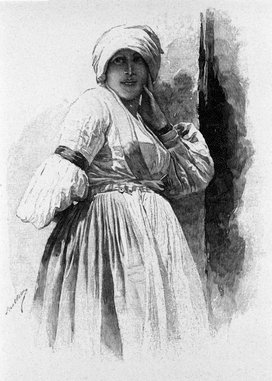 Woman in traditional costume of Piana degli Albanesi (Sicily, 19th century engraving) by Unknown artist
