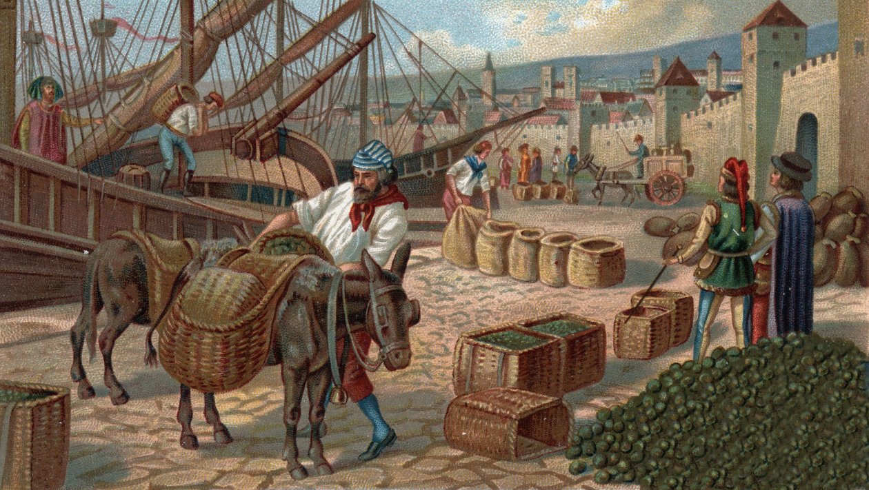 Former shopping centres: transport of figs to Marseille in the Middle Ages. Chromolithography of the late 19th century by Unknown artist