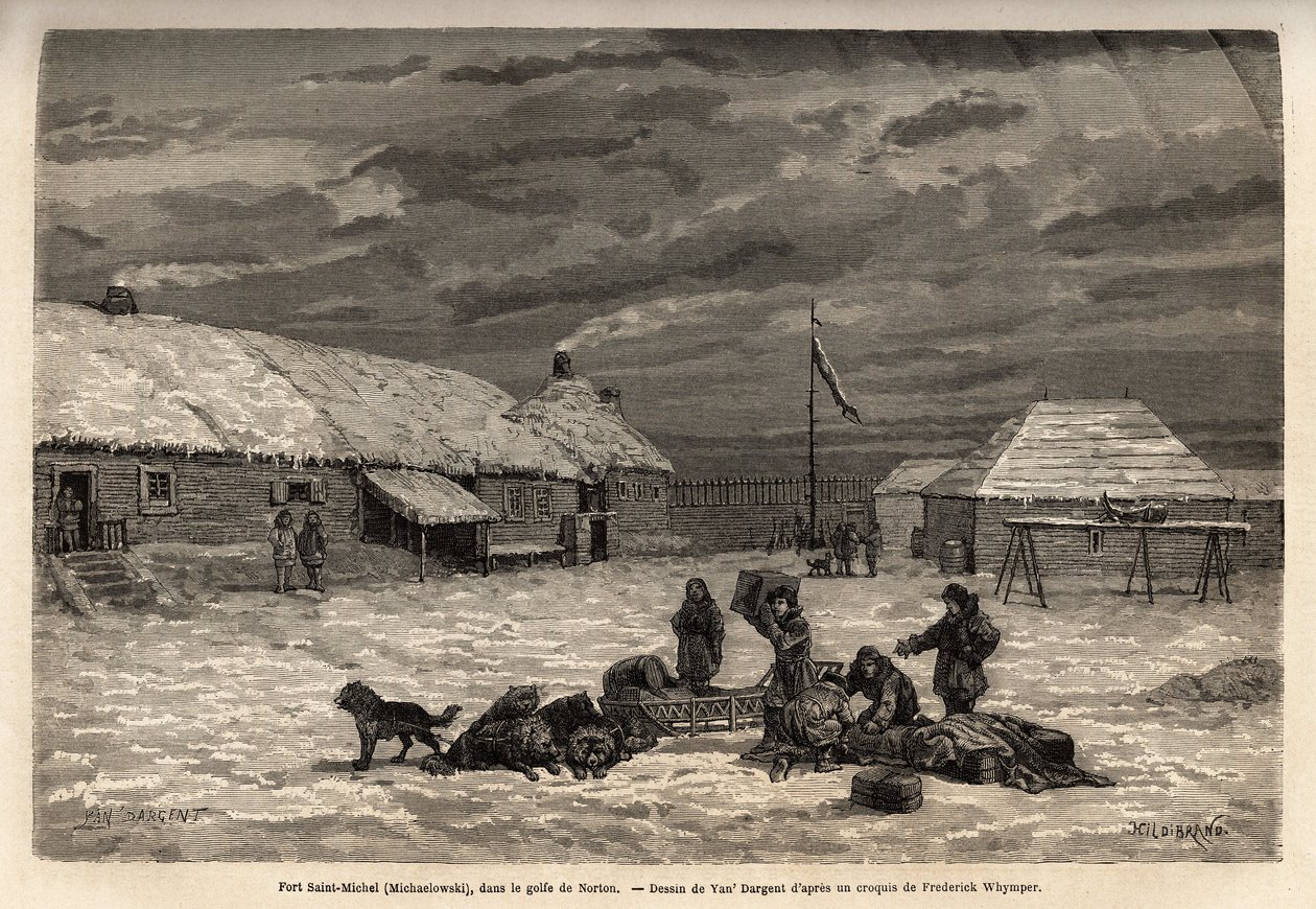 Fort Saint-Michel, English possession in the Gulf of Norton. Engraving illustrating a voyage and adventures in English Columbia, Vancouver Island, and Alaska by Frederick Whymper by Unknown artist
