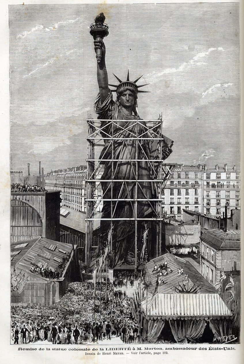 France, Paris, Giving the Statue of Liberty to United States ambassador - Packaging of the statue of Liberty made by Frederic Auguste Bartholdi (1834-1904) in scaffolding to transport it from Paris to America by Unknown artist