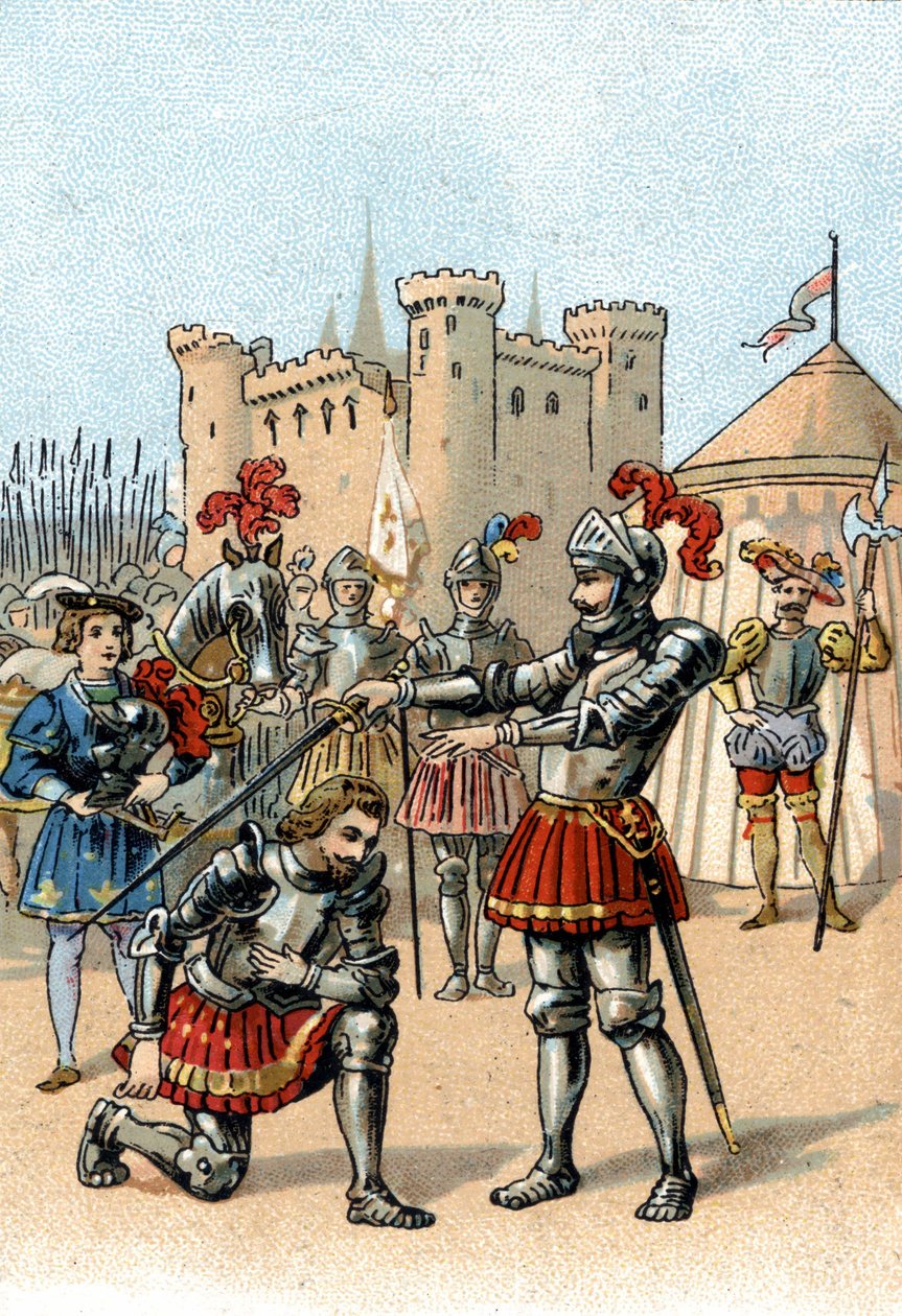 Francis I of France requesting to be knighted by the Chevalier Bayard after victory at the Battle of Marignano, Italy by Unknown artist
