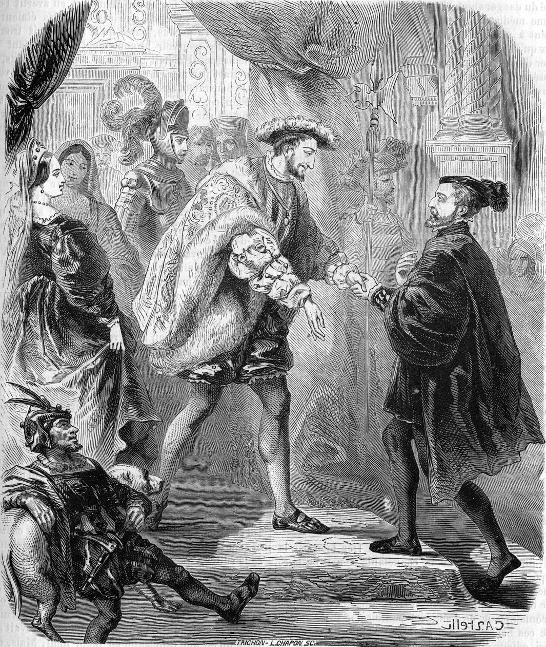 Francois 1st, King of France (1494-1547) and Charles V (1500-1558) met at the Chateau de Chatellerault in January 1540 (Engraving from 