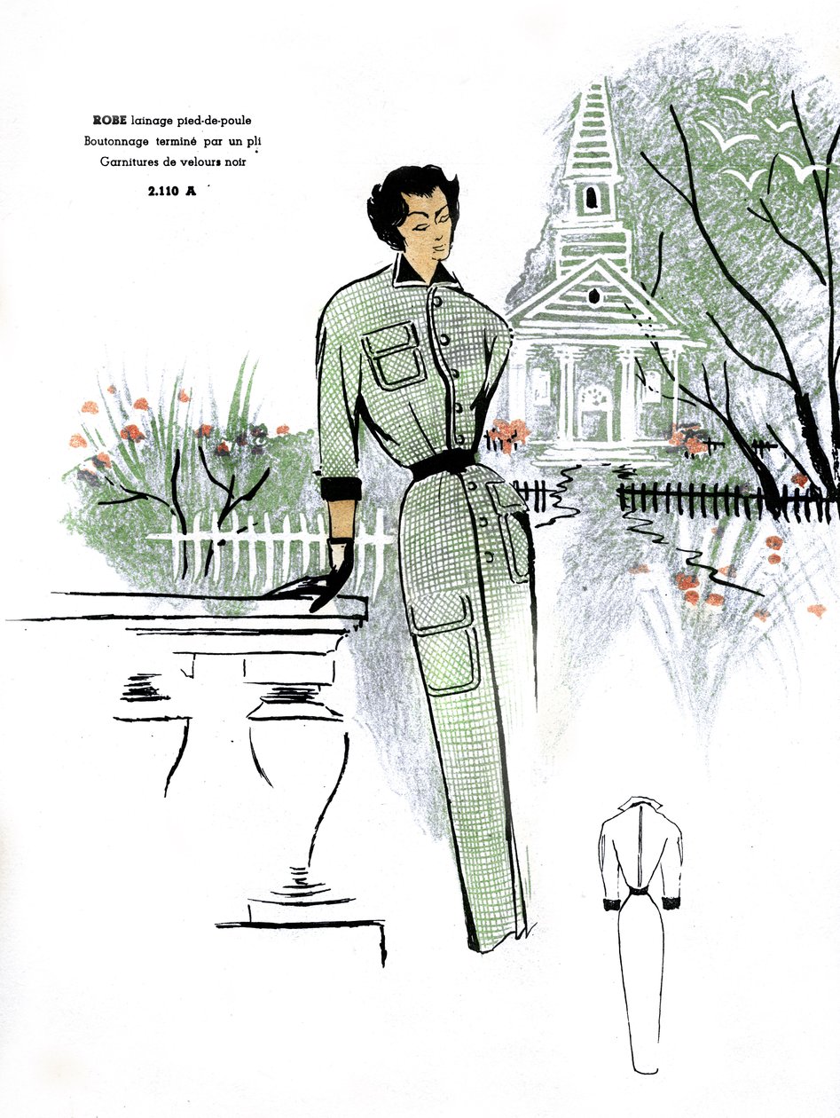 French Fashion, Houndstooth Woollen Dress Design by Unknown artist