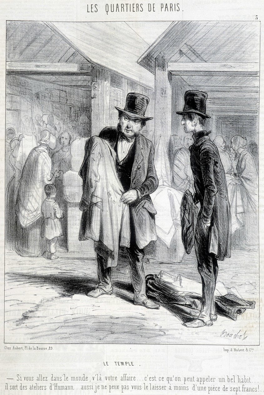 Fripier from the temple district in Paris trying to sell clothes to a man. Engraving of the 19th century by Unknown artist