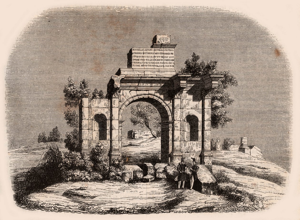 Front view of the Roman arch of Djemilah in Algeria: two French soldiers posing in front of the ruins by Unknown