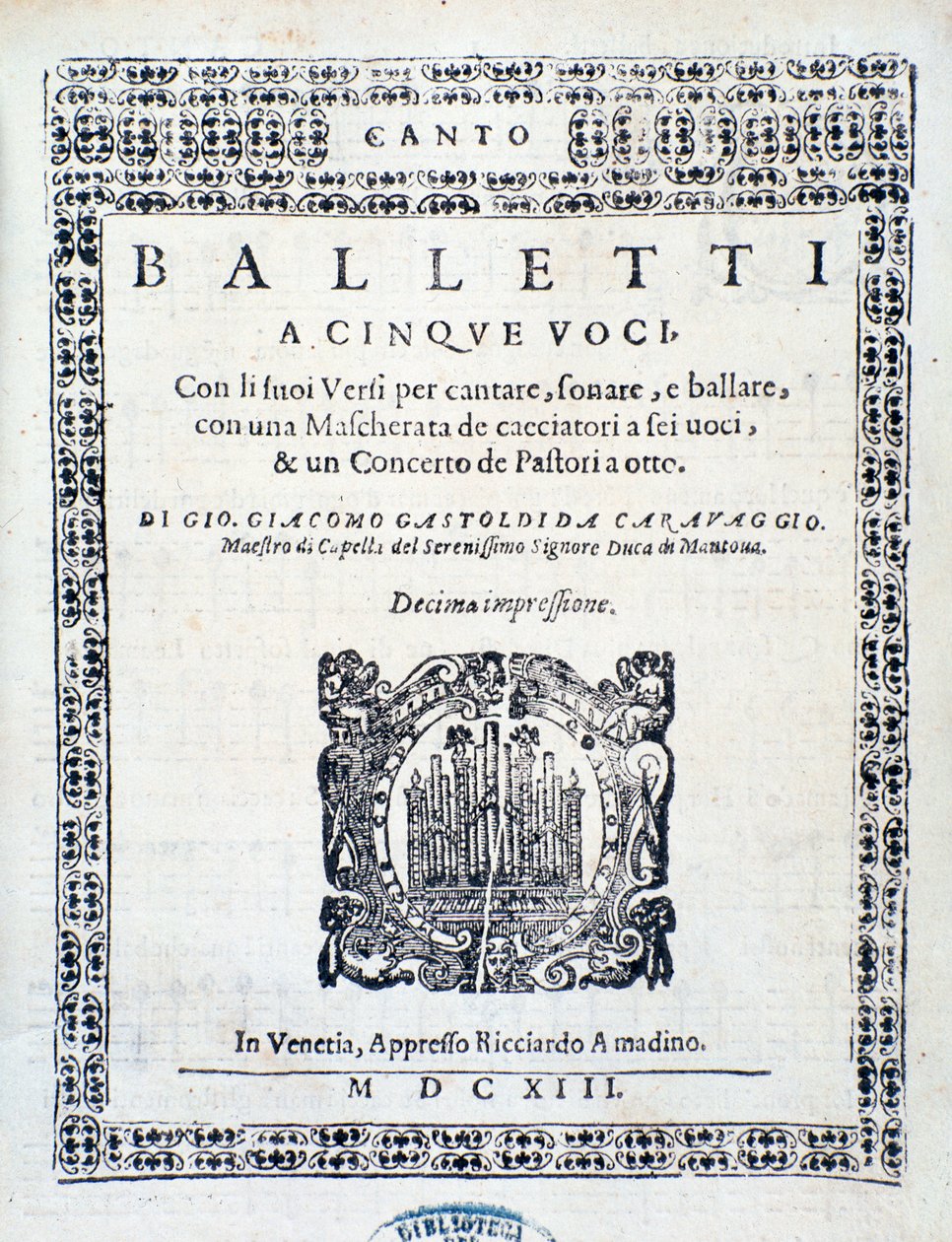 Frontispiece of Balletti for five voices by Giovanni Giacomo Gastoldi by Unknown artist