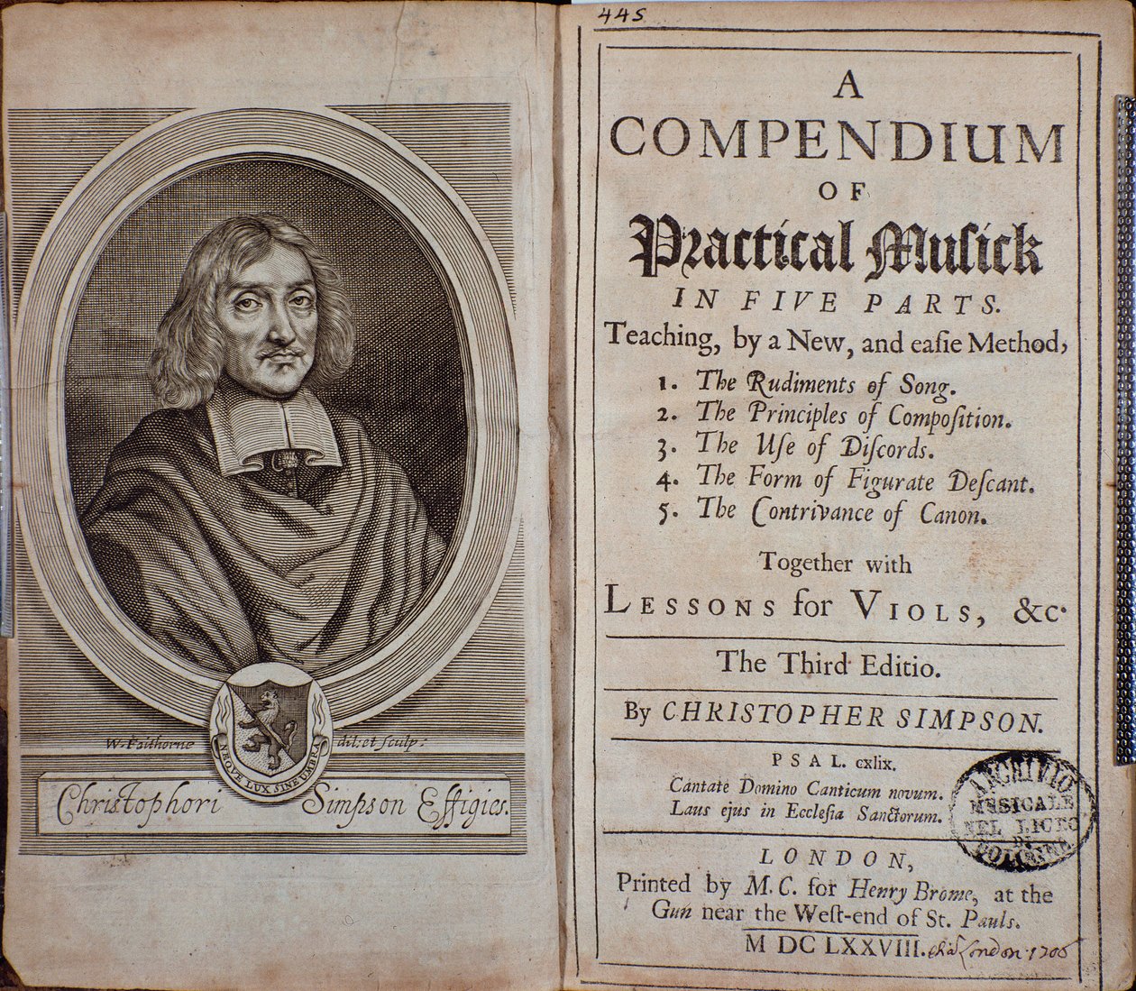Frontispiece of Compendium of Practical Music with portrait of Christopher Simpson by Unknown artist
