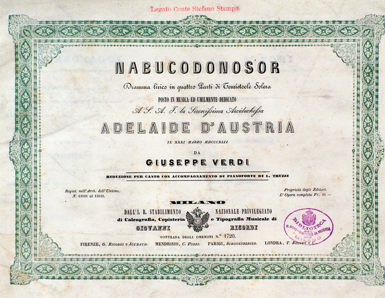 Frontispiece of Musical Score of Nabucco Opera by Giuseppe Verdi by Unknown artist