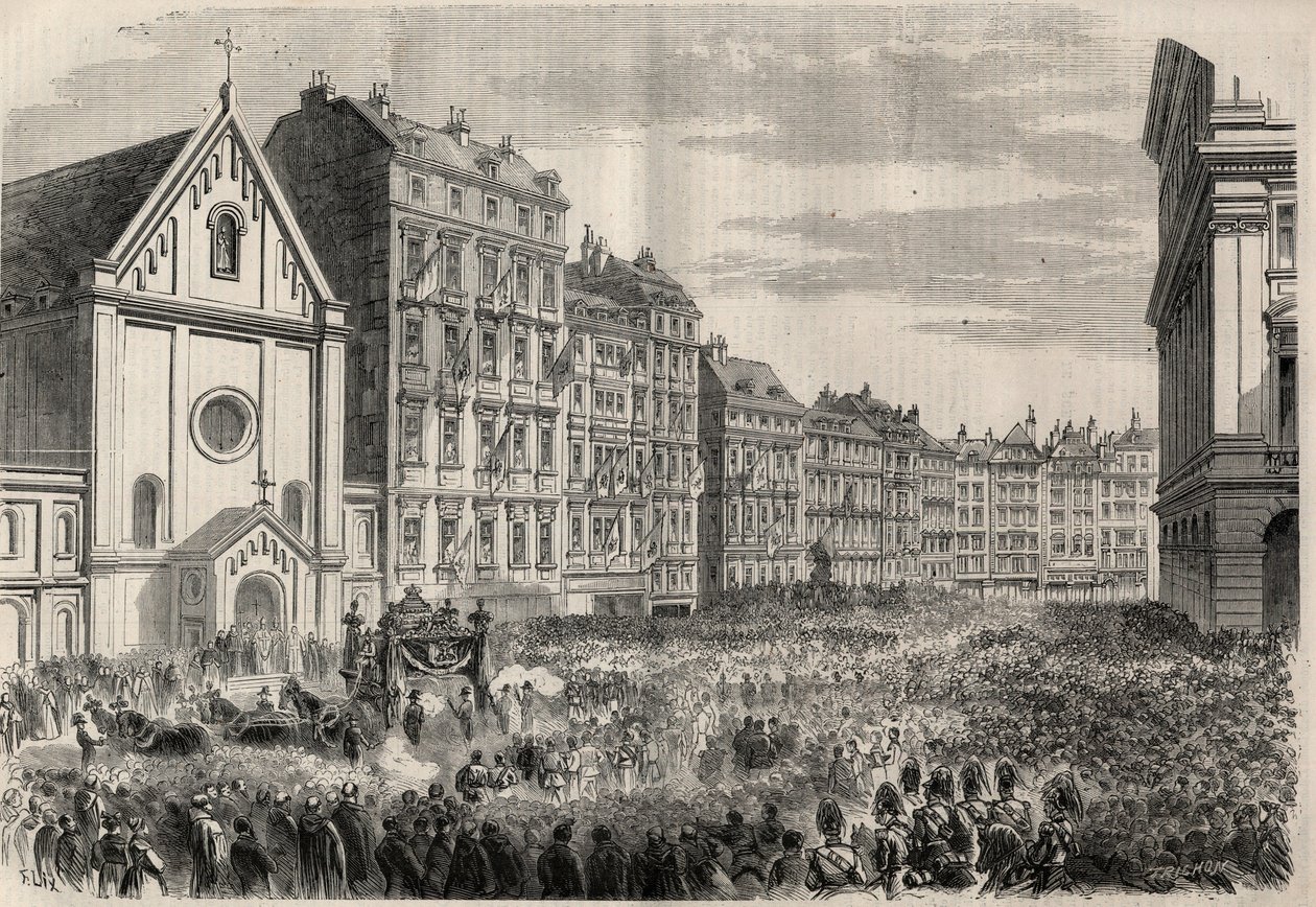 Funeral of Emperor Maximilian I of Mexico: arrival of the funeral cortege in front of the Capuchins Church of Vienna. Engraving in 