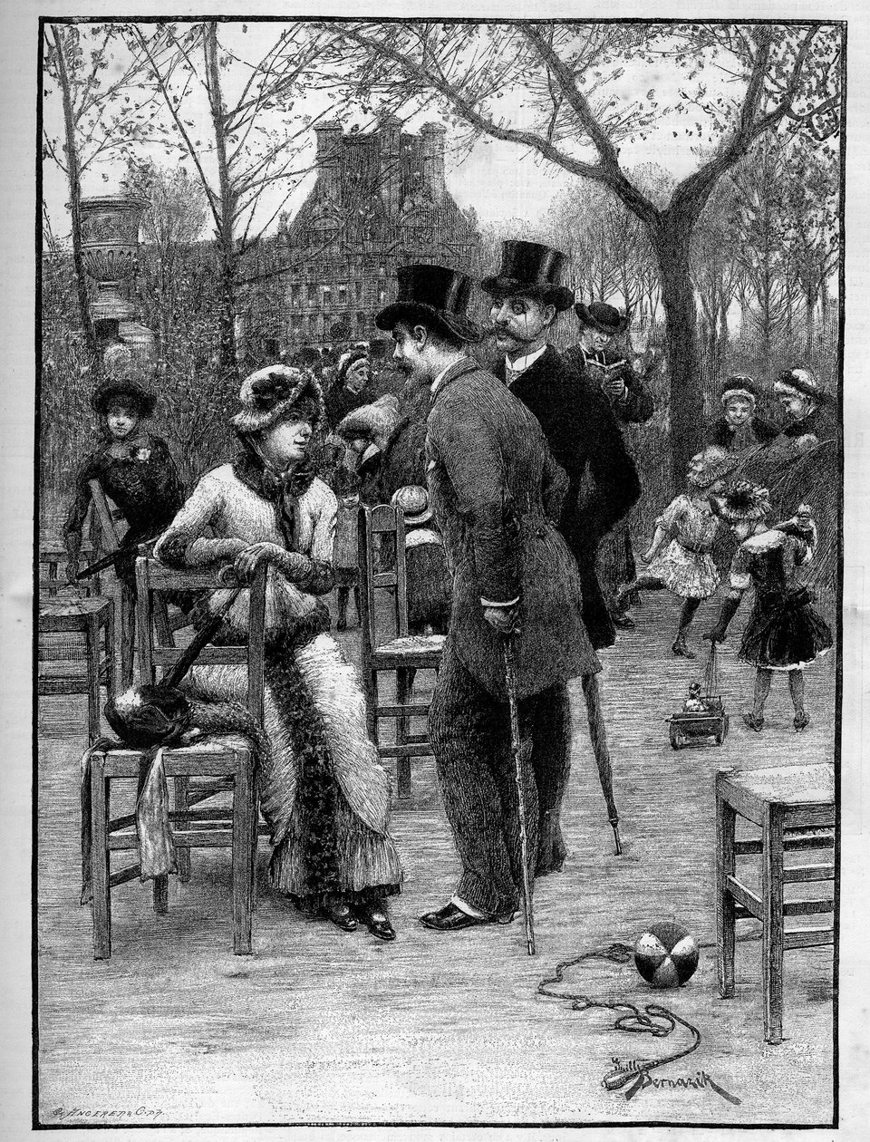 Gallant conversation between two men and a young woman, all very elegant, at the Tuileries Garden in Paris during the summer. Engraving in 
