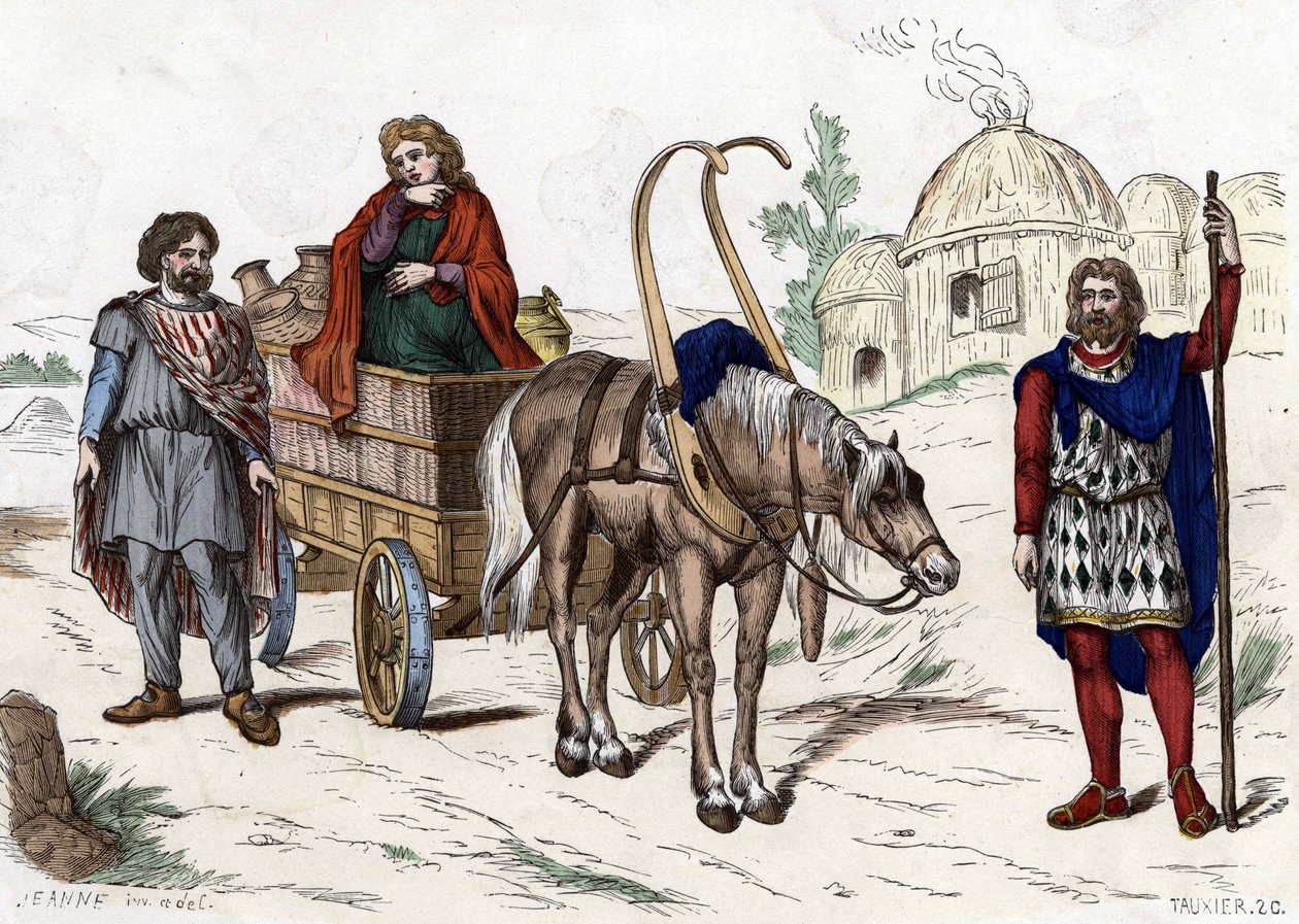Gallic housing, woman, peasant, chariot, rich farmer, harness from “Les Costumes civil et militaires des Français dans travers les siècles”. Paris F. Roy 1882. by Unknown artist