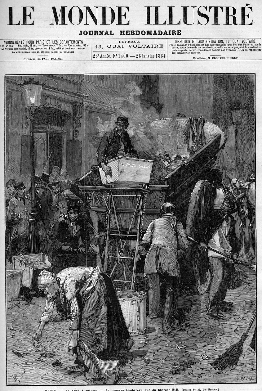 Garbage box, the new truck rue du Cherche Midi in Paris. Men and women picking up waste on a street in Paris to put it in a cart, thus cleaning up life by Unknown artist