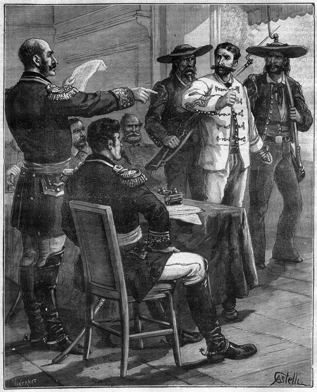 Gaston de Raousset-Boulbon translated before a council of war, in 1854 in Mexico - engraving of 1888 by Unknown artist