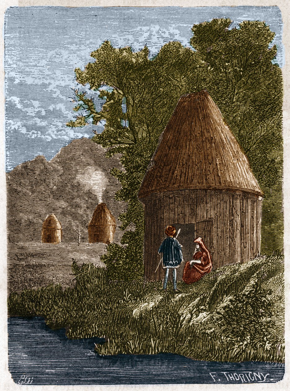 Gaulish houses. 19th century engraving by Unknown artist