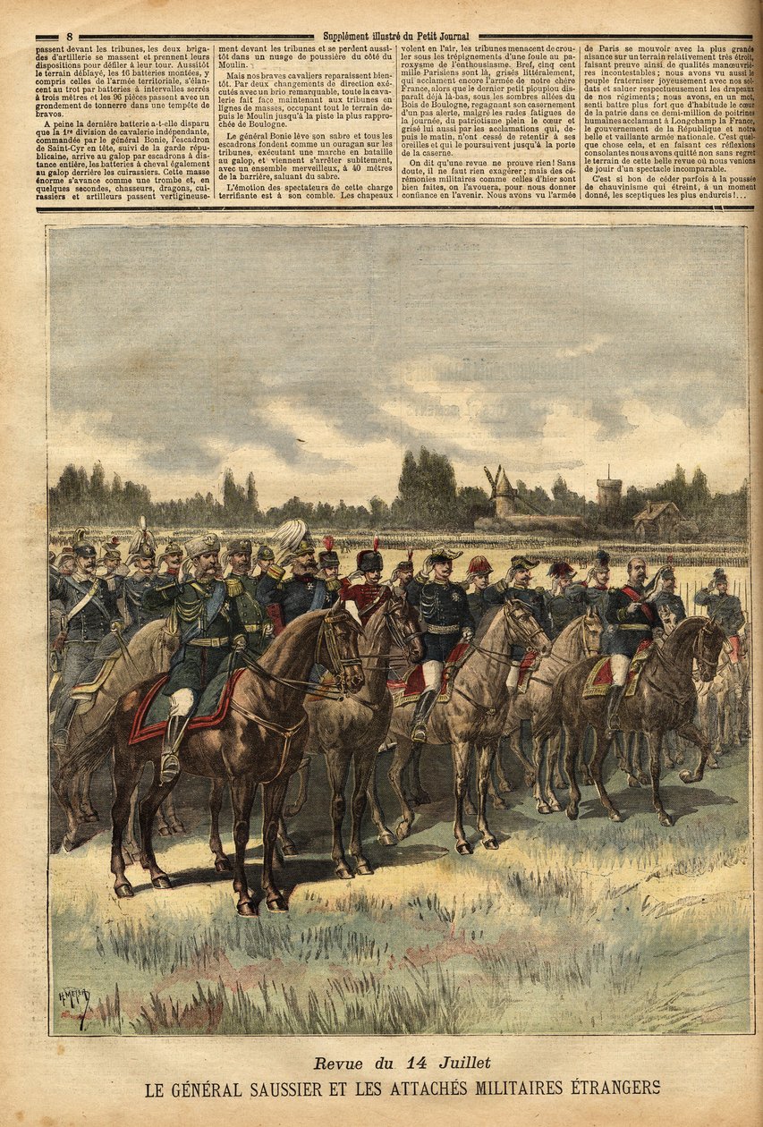 General Felix Gustave Saussier, military governor of Paris since 1884, surrounded foreign military ties, reviewed the troops during the dequeue on 14 July 1891 in the plain of the Bois de Boulogne. Engraving in 