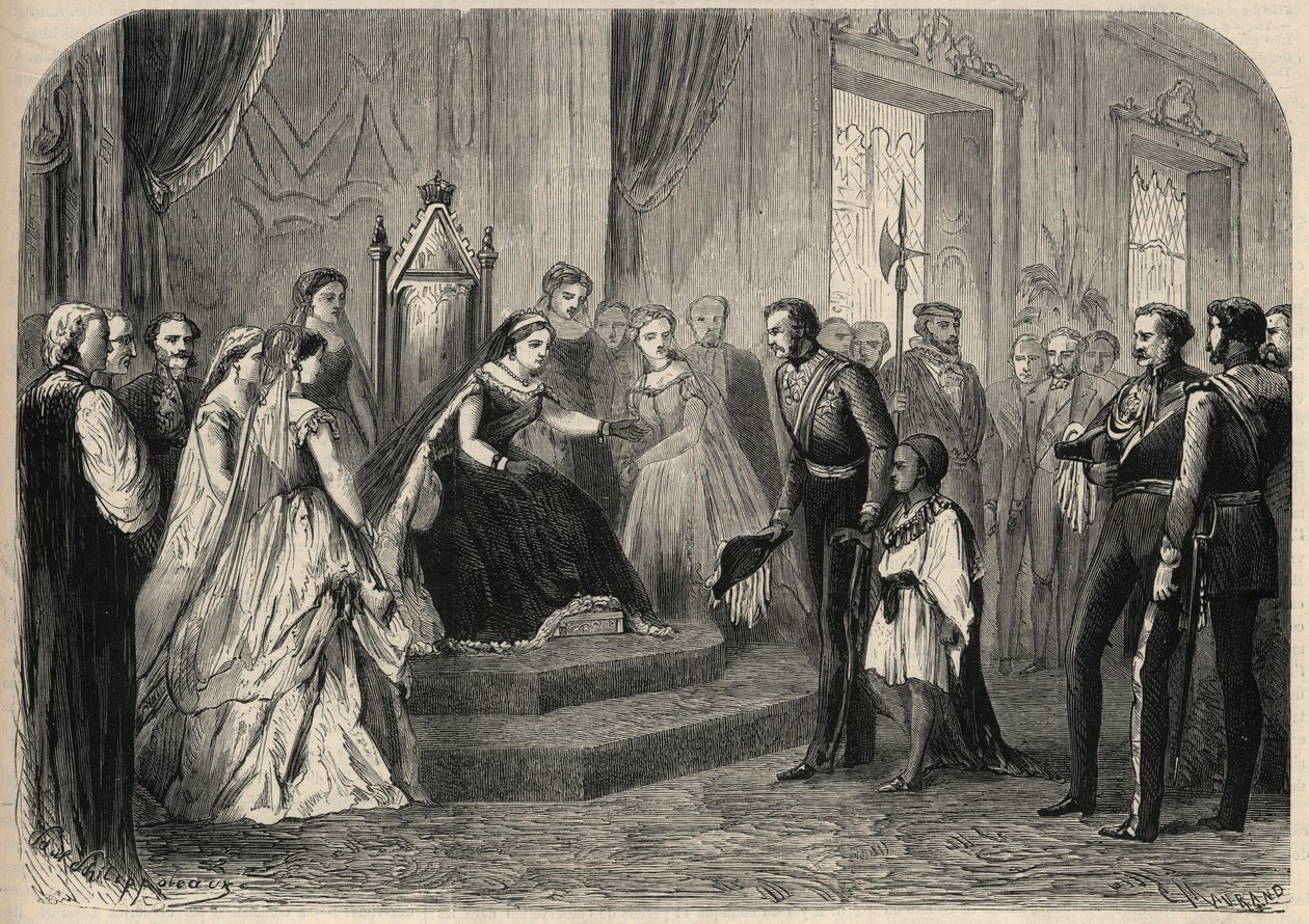General Robert Cornelis Napier introduced Leul Alemayehou Tewodros, the son of Ethiopian negus Theodoros II, to Queen Victoria. Engraving in 