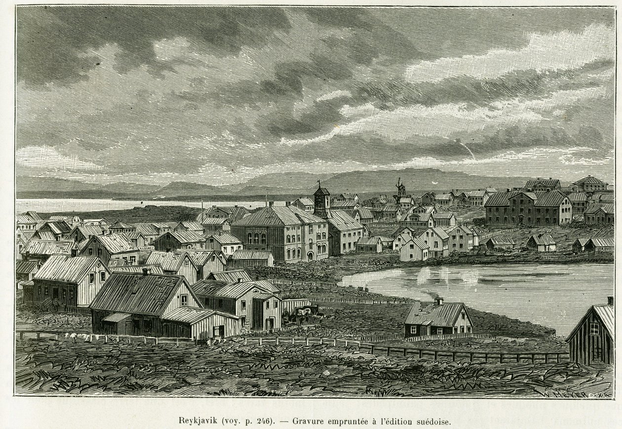General view of Reykjavik. Engraving to illustrate the story The new expedition of Professor Nils Adolf Erik Baron Nordenskjold in Greenland, by Charles Rabot, in the tour du monde 1886, under the direction of Edouard Charton. by Unknown artist