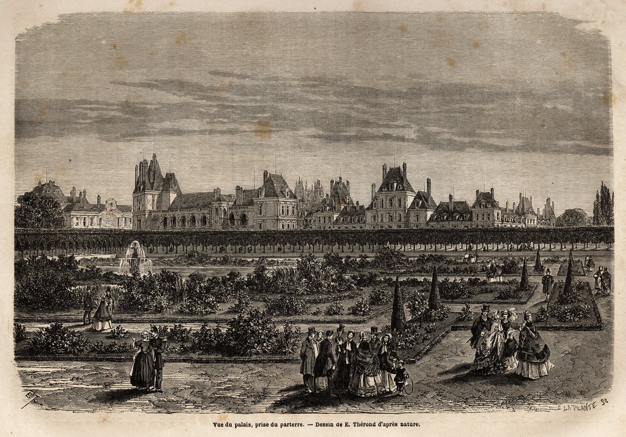 General view of the palace and gardens of Fontainebleau, taken from the floor. Engraving to illustrate a description of the castle and forest of Fontainebleau, in 1867, by M.Pays, in Le tour du monde, nouveau journal des voyages published under the direc by Unknown artist