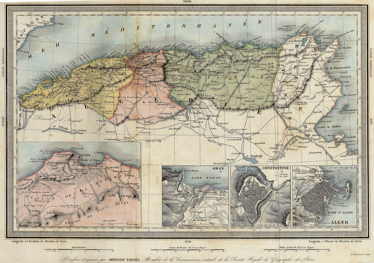 Geographic map of Algeria and details of the provinces of Algiers, Oran and Constantine, realized by Amboise Tardieu by Unknown artist