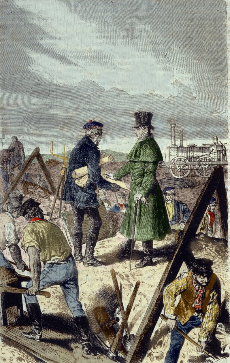 Georges Stephenson, English engineer, builder of the Liverpool Manchester Road with his first locomotive by Unknown artist