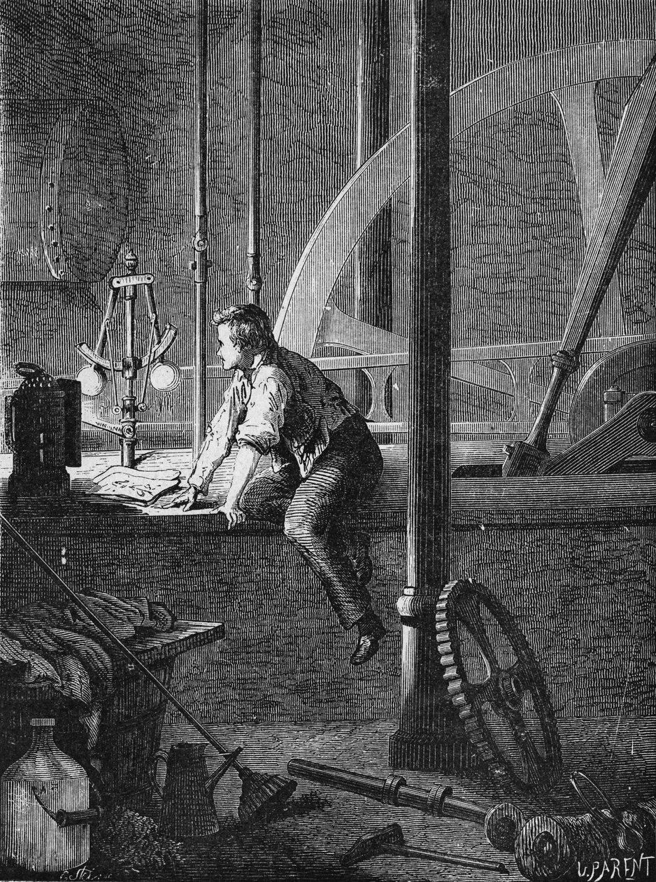 Georges Stephenson, a driver worker in Newcastle, dismantles and repairs his steam engine. In 