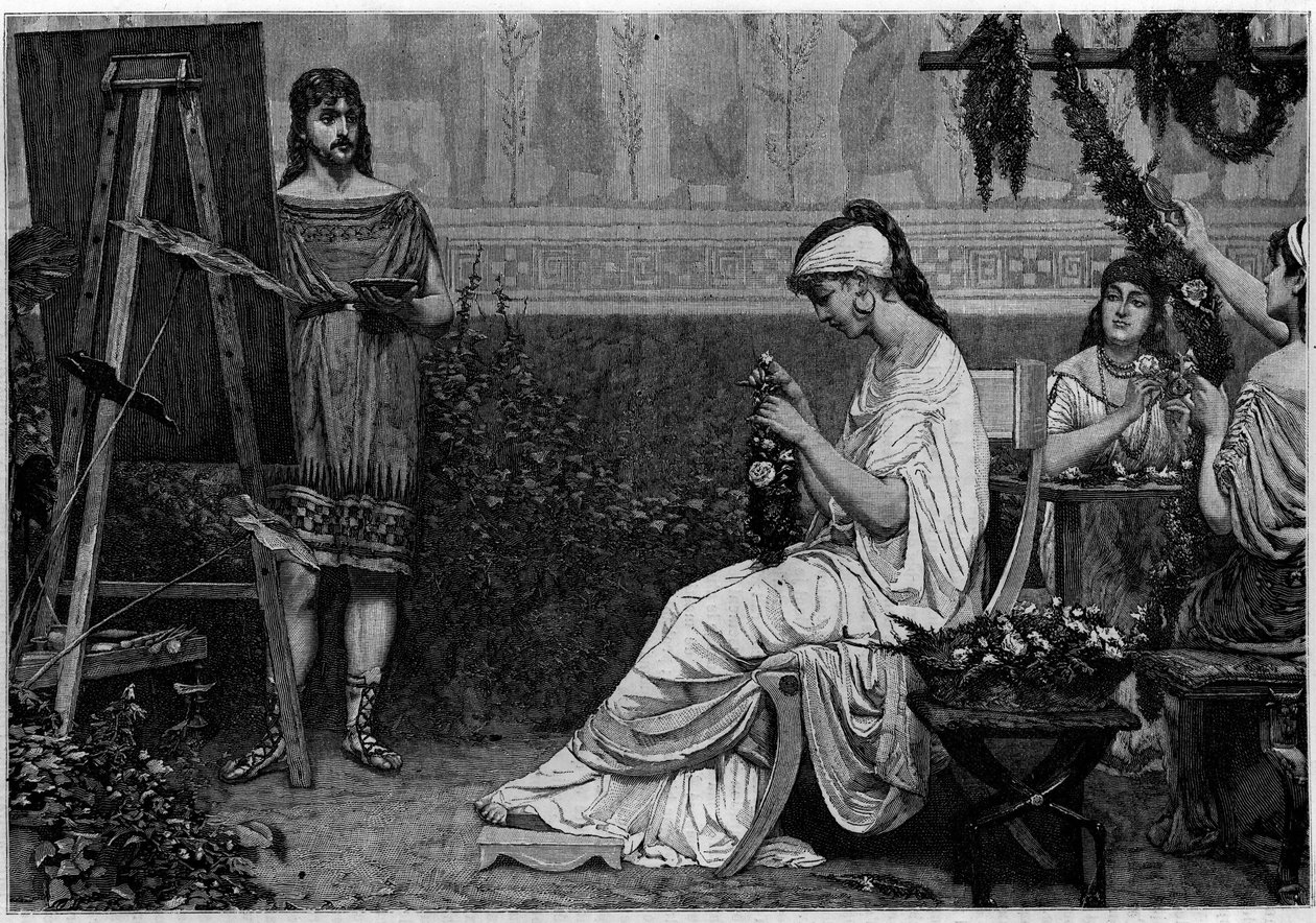 Glycere posing in front of the Greek painter Pausias (4th century BC) for the painting 