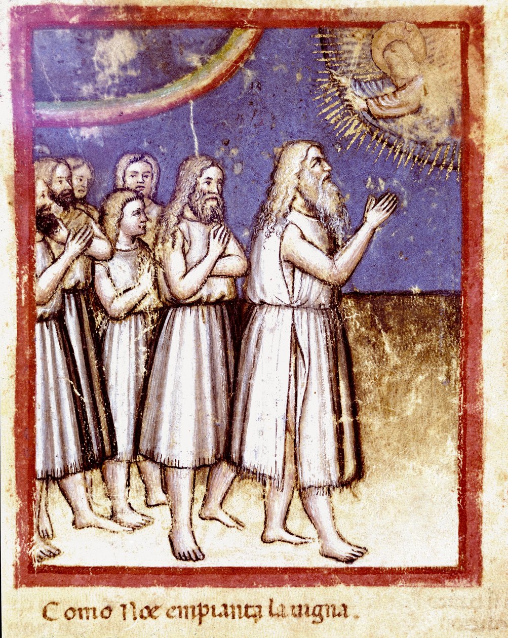 God blessed Noe and his family survivors of the Deluge. Miniature from the codex 212 (or Bible of Padua) by Unknown artist