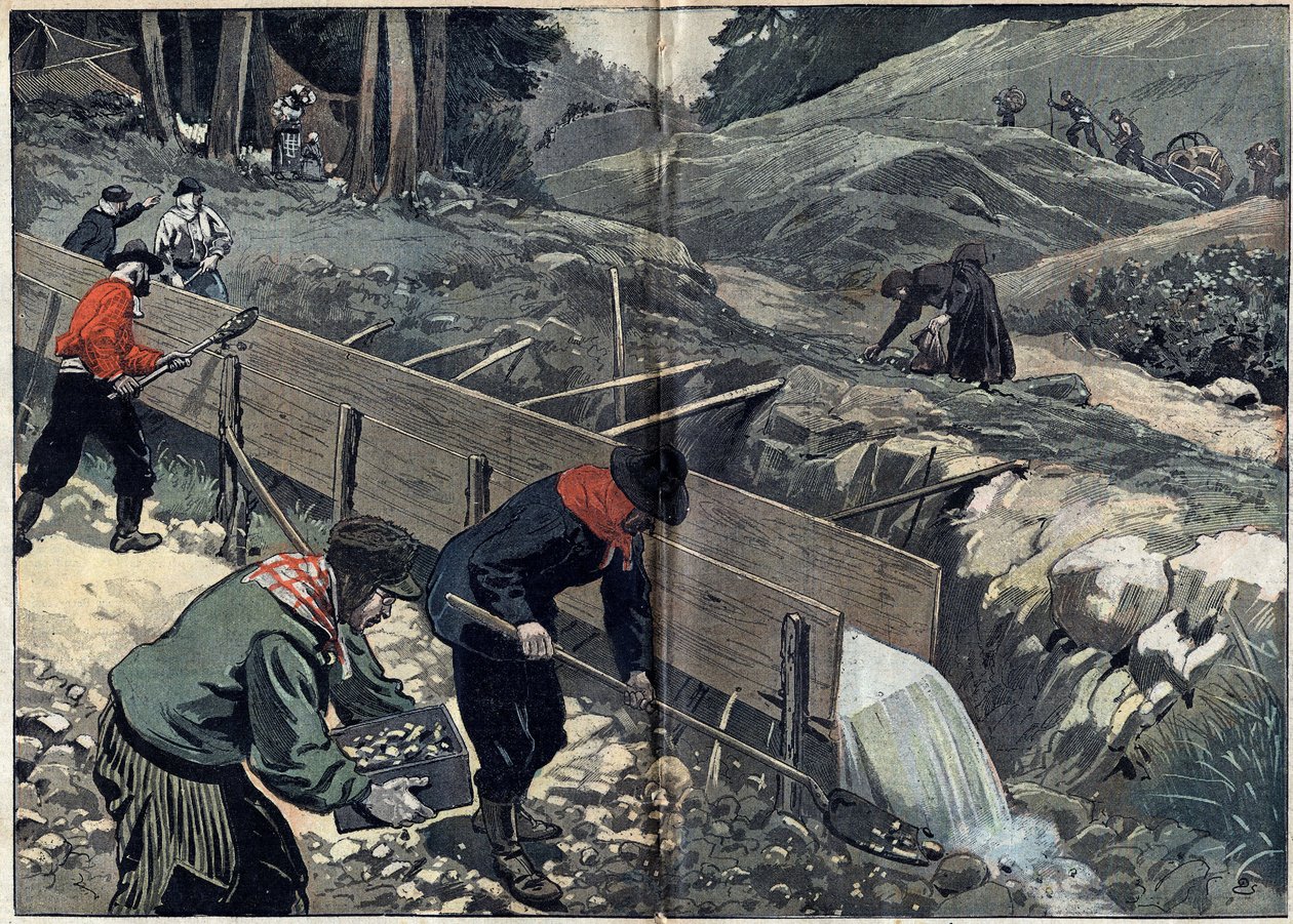 Gold Rush in Alaska: Gold seekers wash gold mud. A woman picks up nuggets while new gold seekers arrive at the camp. Illustration in Le Pelerin of February 20 by Unknown artist