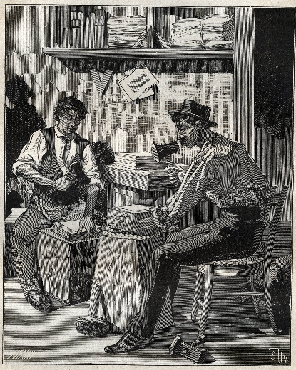 Gold beater. Engraving from 1885 in 