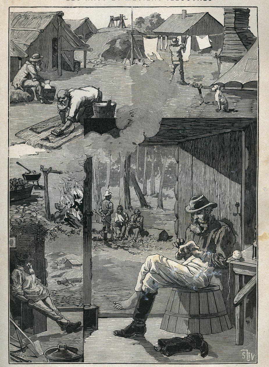 Gold seekers in Australia: daily life of miners during their rest days (cleaning and drying of linen, socks, etc.). Engraving from 1885 in 