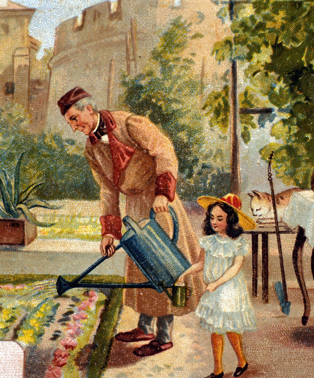 Grandfather gardening with his little daughter by Unknown artist