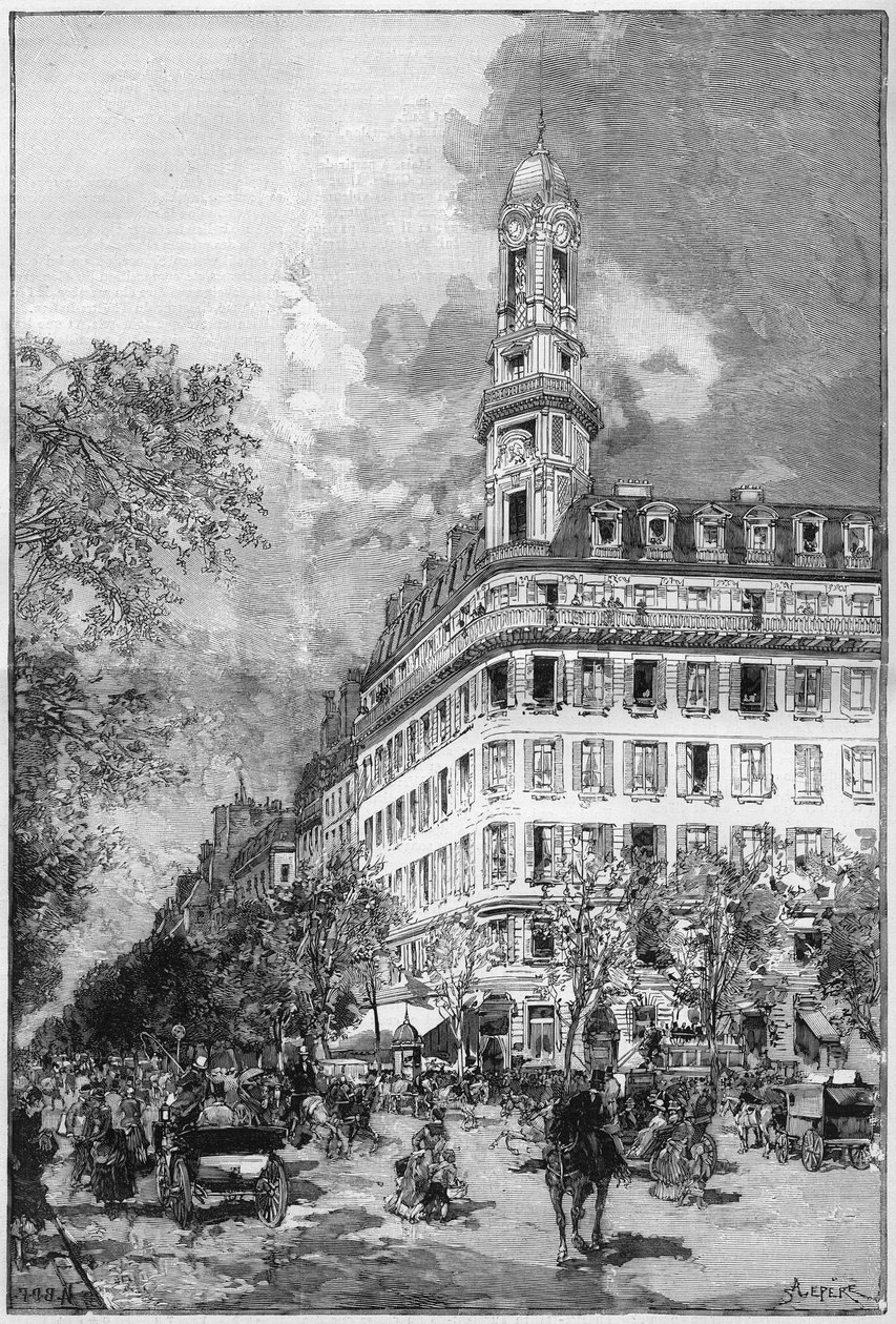 Grands boulevards and Haussmannian buildings in Paris: Hotel de la Compagnie La New York boulevard des Italiens. Engraving in Le Monde Illustré by Unknown artist