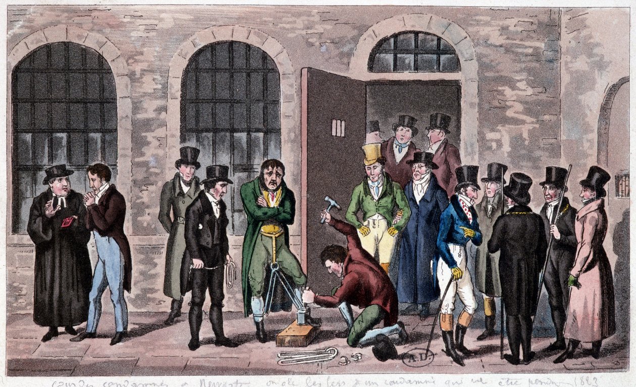 Great Britain Prison: A death sentence is attached to Newgate prison in London (often referred to in Charles Dickens novels). Engraving around 1823. Bibliotheque of Decorative Arts by Unknown artist