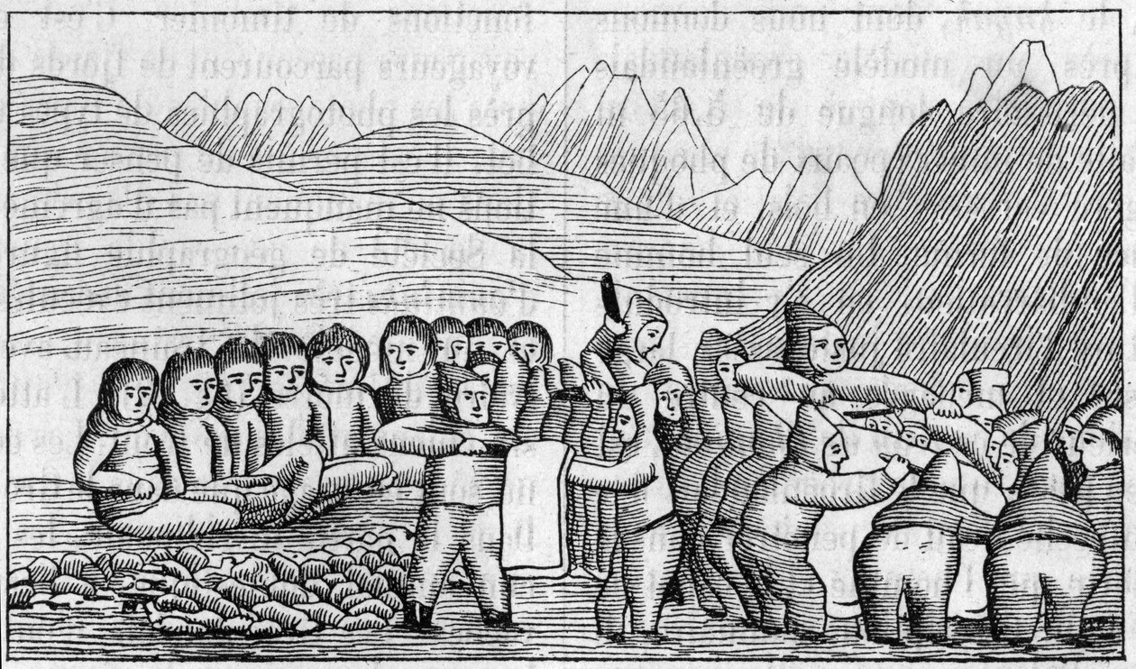 Greenland Exhibition at the Geography Society, Paris: Facsimile of a grave drawing by Eskimos. Engraving in 