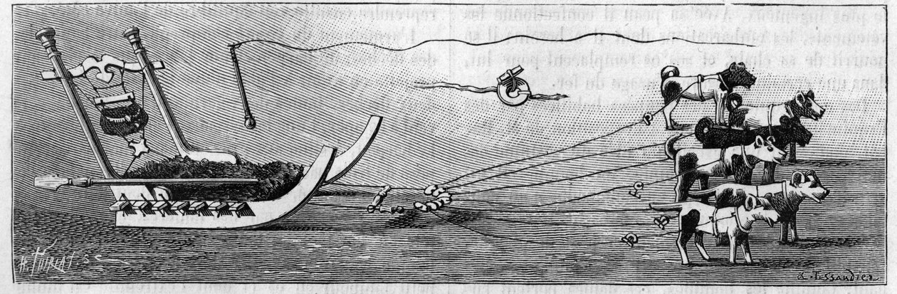 Greenland exhibition at the Geography Society, Paris: sleigh model manufactured by Eskimos. Engraving in La Nature: revue des sciences et de leurs applications aux arts et a l