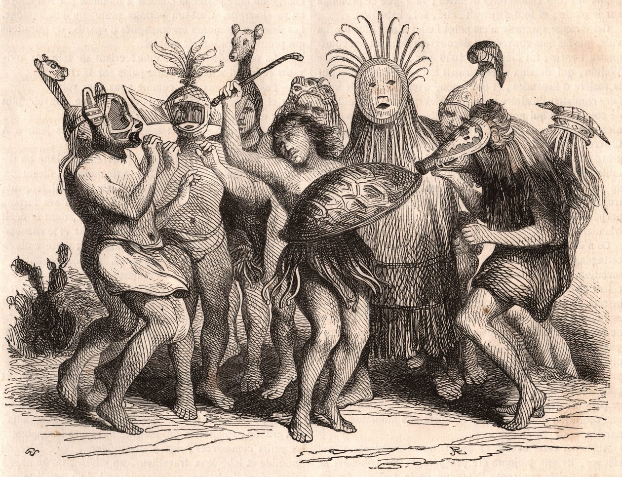 Group of Brazilian savages dancing with costumes, masks and traditional headdresses by Unknown