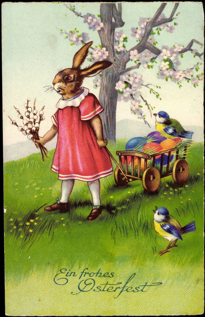 Happy Easter, Easter Bunny Pulls Wagons, Easter Eggs, Sparrows by Unknown Artist