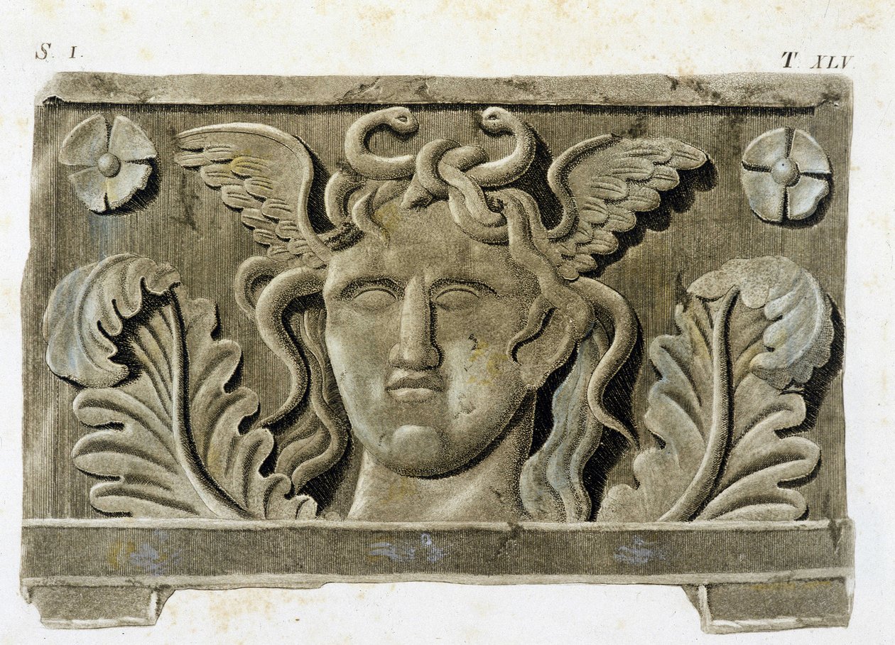 Head of Medusa, one of the three Gorgons, stone bas-relief - in 